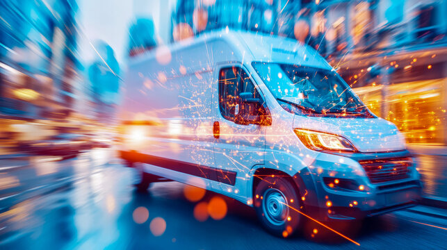 Dynamic high-speed transport of a white commercial vehicle through a futuristic urban street, illuminated by vibrant digital light effects, for modern logistics promotion.