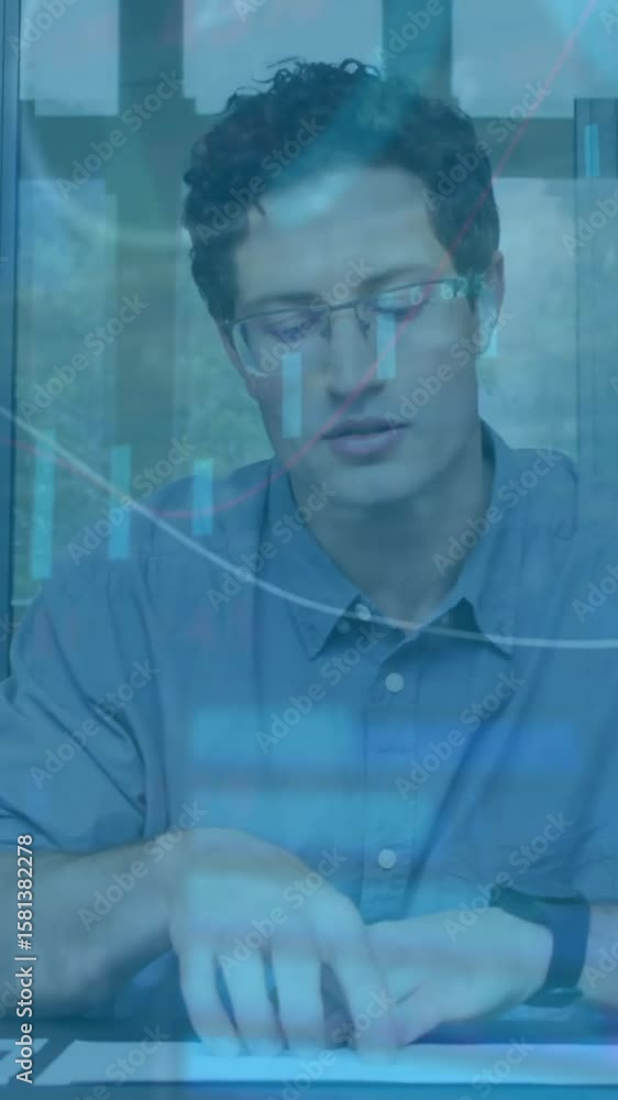 Poster analyzing financial data animation over man working at desk in office