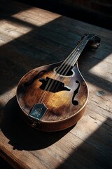Acoustic Mandolin with Warm Wooden Finish Sitting on Rustic Wooden Floor in Sunlight