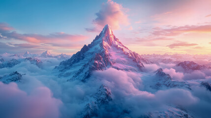 Majestic snow-covered mountain peak rising above a sea of clouds, bathed in vibrant sunrise glow, ideal for serene landscape art or digital wallpaper.