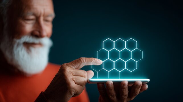 Senior man using modern technology with hexagon grid on smartphone for science and innovation concept