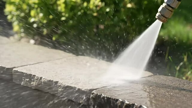 High pressure power washing stone wall outdoor cleaning water jet spray hose nozzle clean patio garden