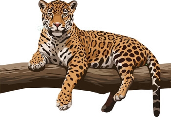 Obraz premium Resting Jaguar (Panthera onca) on a Tree Branch: Vector Illustration of a Watchful Feline in Tropical Forests and Savannas