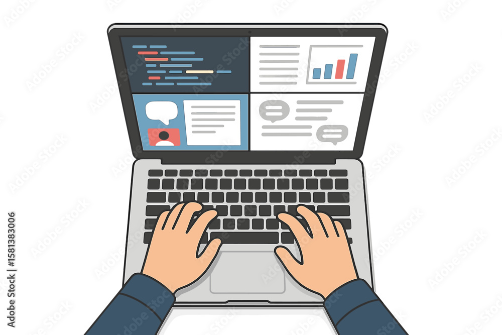 Poster typing on laptop with hands on keyboard, coding and communication concept, technology workspace, dig