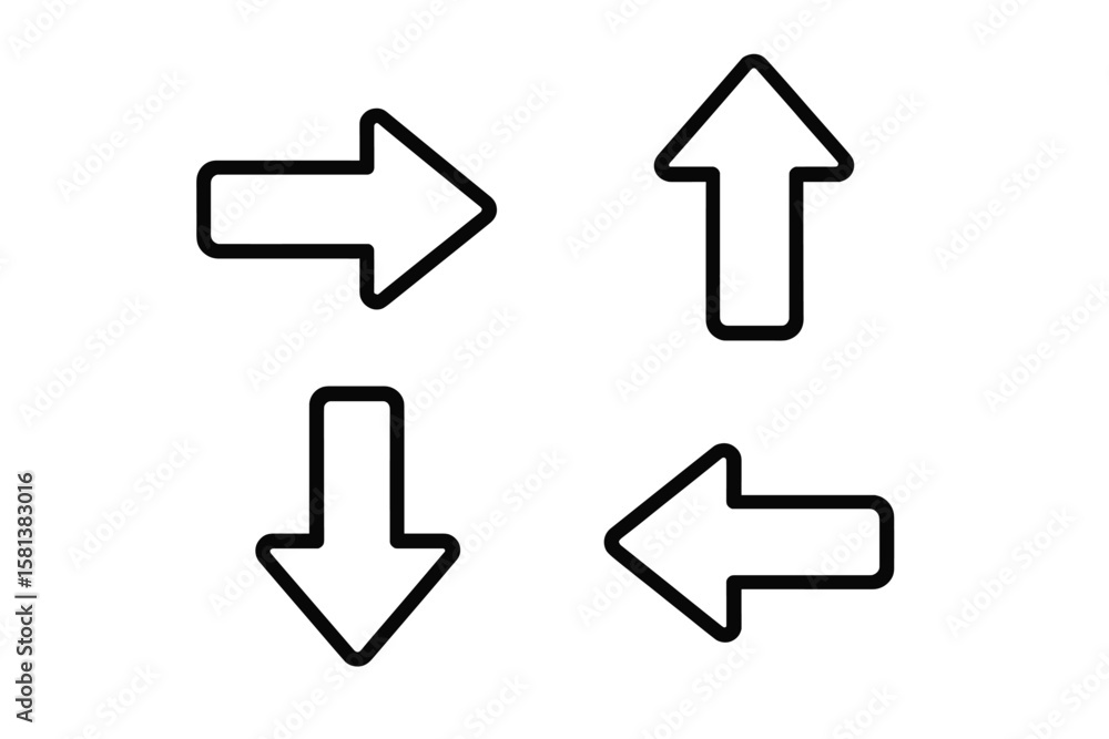 Poster set of four black direction arrows. up, down, left, right pointer icons. simple line style vector gr