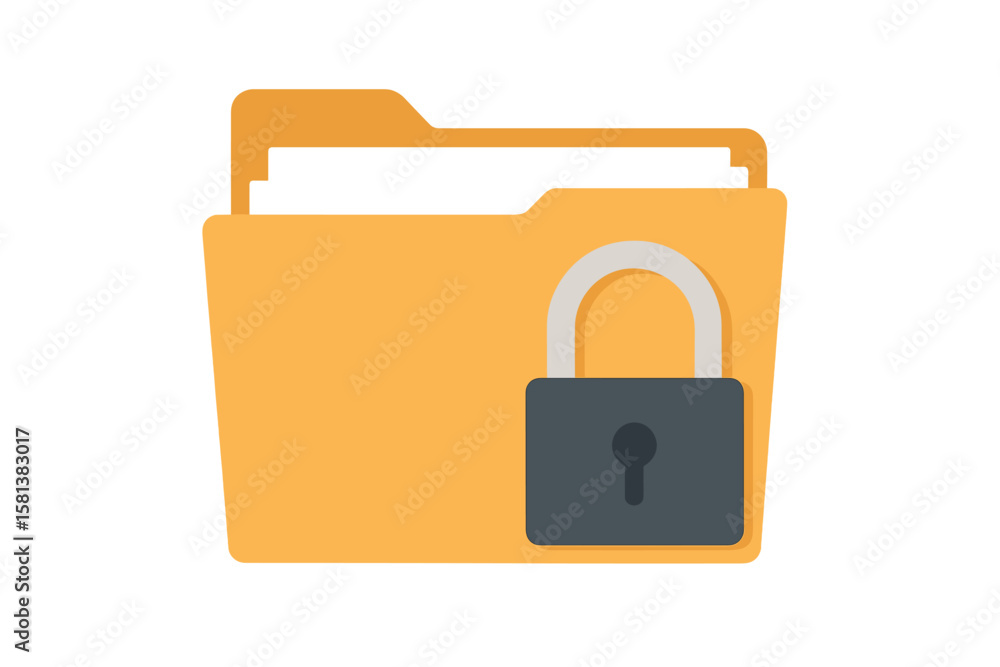 Poster secured document folder with lock icon, protected file storage, confidential data, privacy and secur