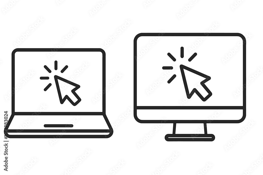 Fototapete Click cursor on laptop and computer screen icon set. Vector line art for UI UX design. Digital interaction, website navigation, call to action button, and internet concept.