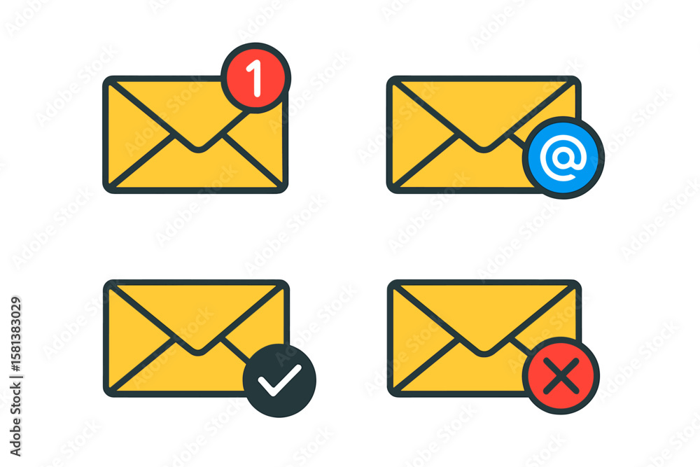 Poster email message icon set with new notification alert, address at symbol, sent success check mark, and 