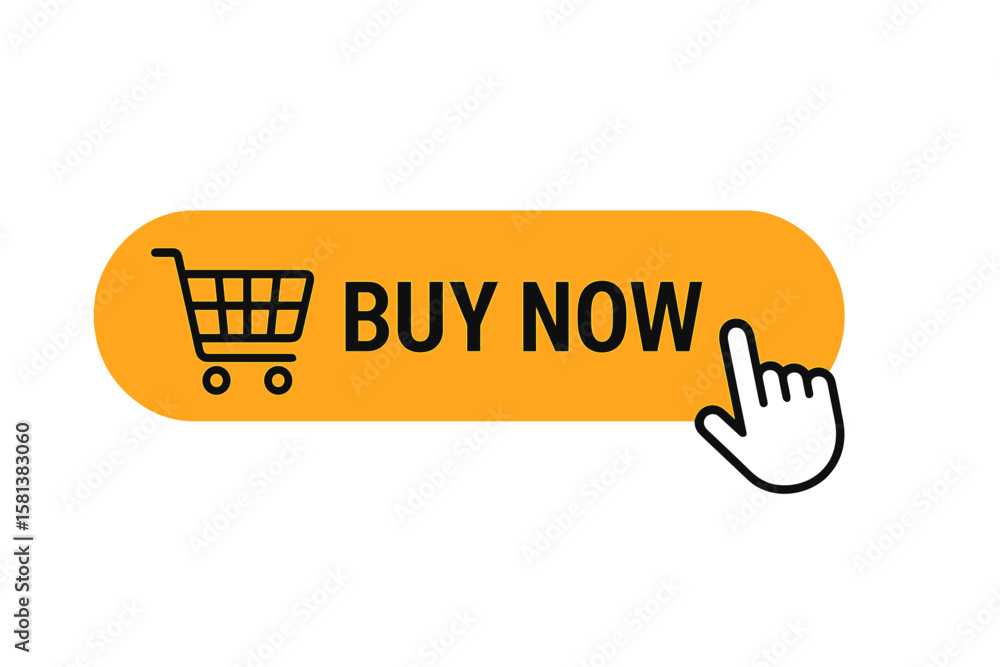 Poster buy now button with shopping cart icon, hand pointer clicking, modern web design element for online 