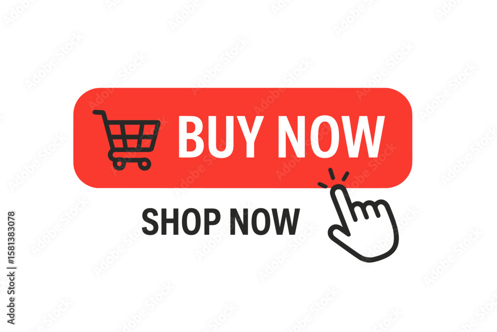 Poster buy now button with shopping cart icon. shop now web banner. hand pointer click symbol. online shopp