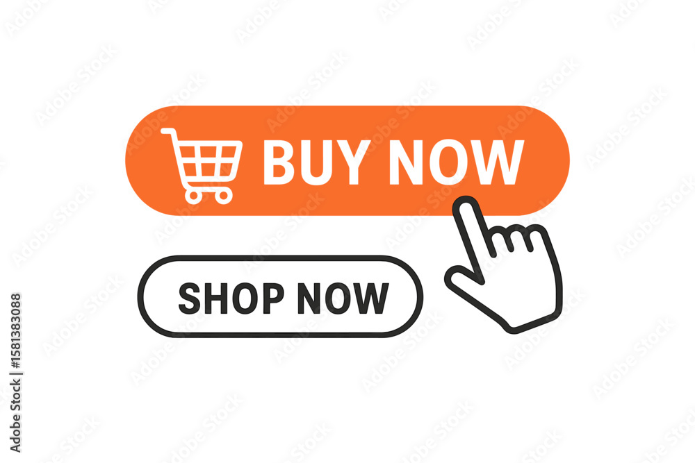 Poster buy now shop now button set with shopping cart icon and hand pointer click. modern web design elemen