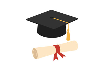 Black graduation cap with diploma scroll university graduate hat, academic degree ceremony, education symbol, graduation celebration, diploma certificate, academic achievement