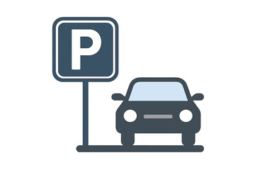 Parking Sign Icon with Car. Vector Illustration of Parking Lot, Parking Space, Vehicle Symbol, Flat Design, Web Element, Isolated Transparent Background, Urban Transport Concept