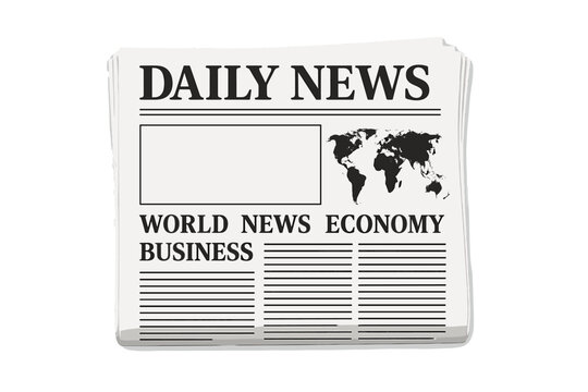 Daily newspaper mockup with world map and business headlines. Front page vector template for world news and economy. Blank space for custom text. Journalism publication concept.