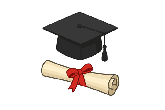 Black graduation cap with diploma scroll. University graduate hat vector. Academic degree ceremony design element. Education symbol. Graduation celebration. Academic achievement.