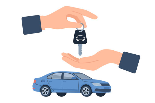 Car rental, sale, or sharing service concept. Hand giving car keys to another, vehicle transfer, leasing, test drive, dealership, auto loan, modern flat vector illustration
