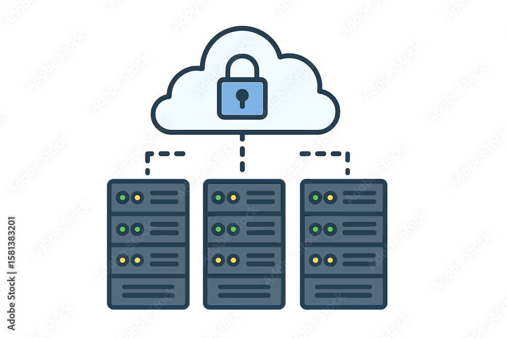 Poster secure cloud data storage and hosting servers network. cloud computing technology, data transfer, se