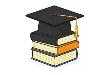 Graduation cap on stack of textbooks concept of higher education and academic achievement, mortarboard on books symbolizing study, school, college, university success and learning