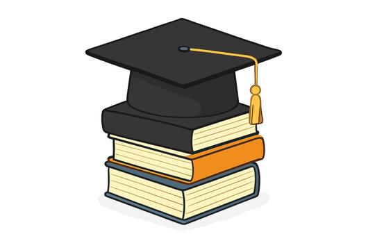 Graduation cap on stack of textbooks concept of higher education and academic achievement, mortarboard on books symbolizing study, school, college, university success and learning