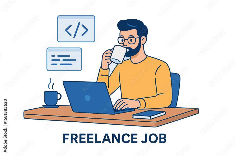 Poster remote freelance software developer sipping coffee while coding on laptop at modern home office desk