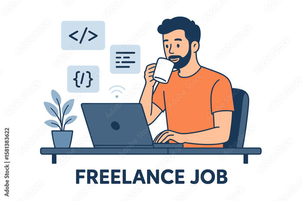 Poster remote freelance programmer working from home office laptop coding software development concept. man