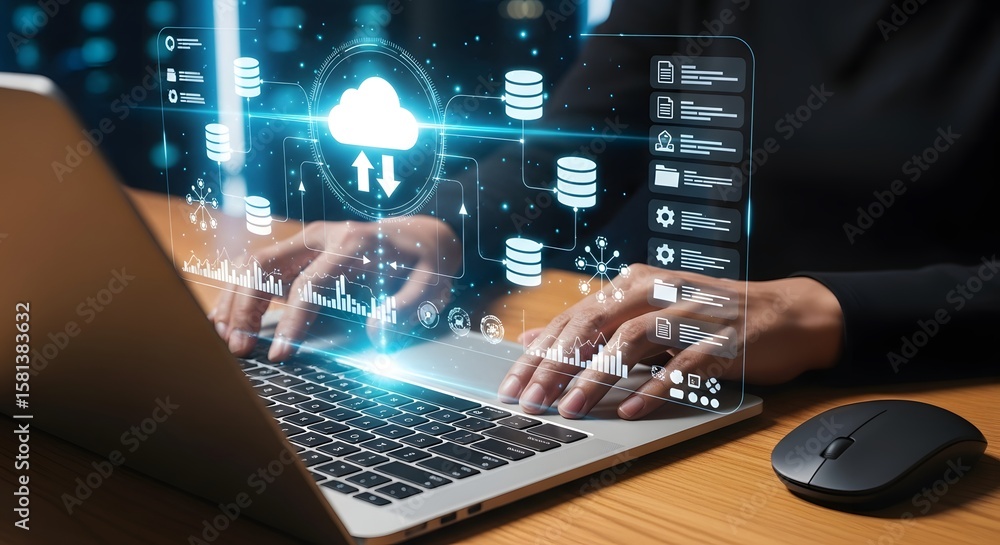 Poster cloud computing data transfer and storage illustration