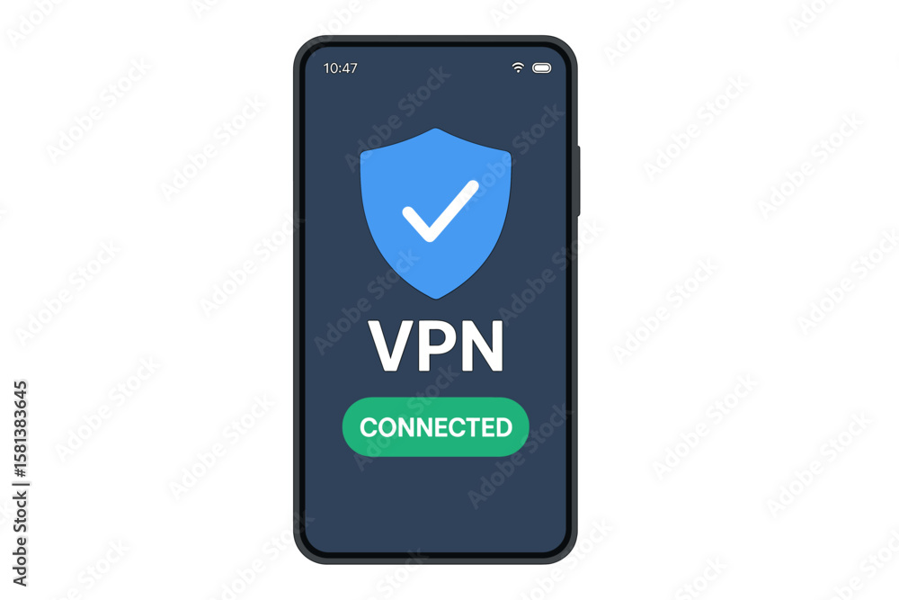 Poster mobile vpn concept showing smartphone screen with virtual private network shield icon and checkmark,