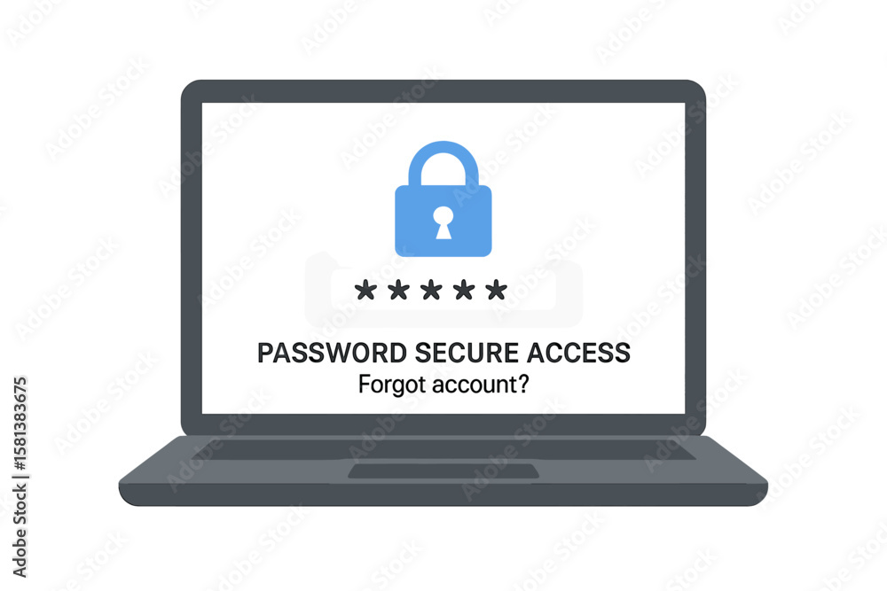 Poster secure password authentication interface on modern laptop screen with blue padlock icon, masked pass
