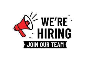 Red megaphone recruitment vector with Join Our Team banner for hiring poster, business HR marketing campaign loudspeaker job vacancy call to action illustration