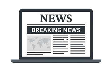 Digital laptop displaying breaking news webpage with world map, online newspaper interface, daily global headlines, news feed layout, journalism concept, information update design