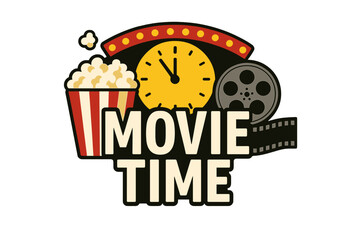Movie Time cinema vector poster template with retro marquee clock, popcorn bucket, film reel and filmstrip, movie night screening background illustration for entertainment design