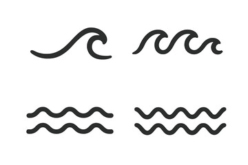 Minimal ocean wave line icon set. Four vector wave symbols with single crest curves and parallel wavy zigzag lines. Sea wave patterns for decorative borders, marine design.