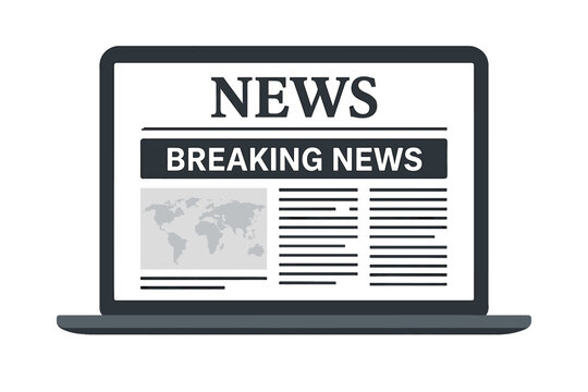 Digital laptop displaying breaking news webpage with world map, online newspaper interface, daily global headlines, news feed layout, journalism concept, information update design