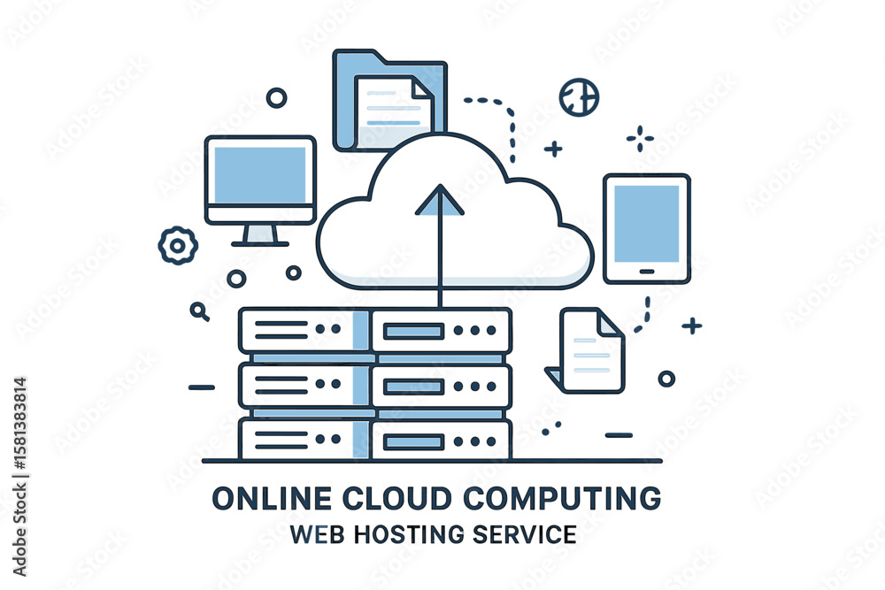 Poster online cloud computing and web hosting service concept illustration with data center servers, cloud 
