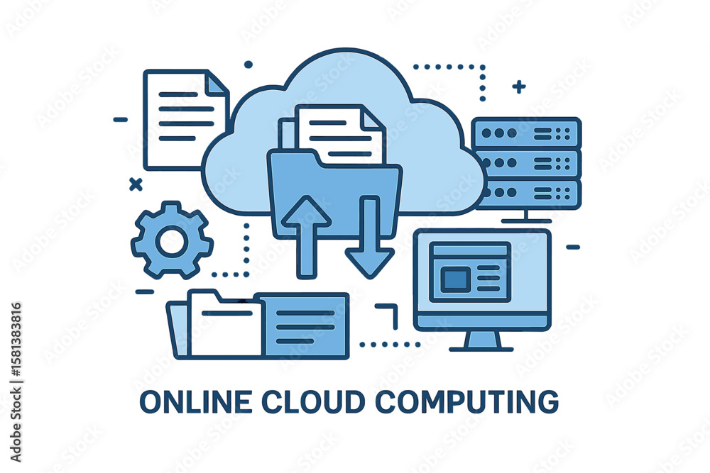Poster online cloud computing infrastructure concept with data center servers, web hosting database, docume