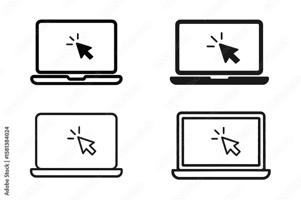 Poster set of 4 laptop vector icons with cursor or pointer symbol, different styles, computer monitor, blan