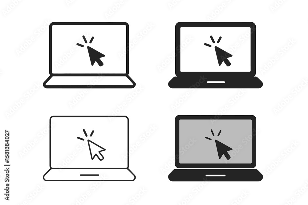 Fototapete Set of 4 Laptop Vector Icons in Various Styles with Pointer and Cursor, Notebook Screens, Computer Monitor Icons for Graphic Design, Technology, Digital Interface Symbols