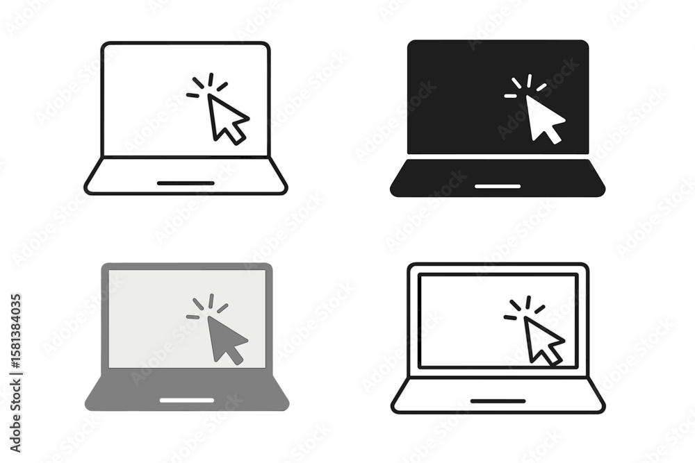 Fototapete Set of 4 laptop vector icons in different styles with pointer or cursor icon, notebook screen, computer monitor, blank screen, graphic design elements, technology symbols