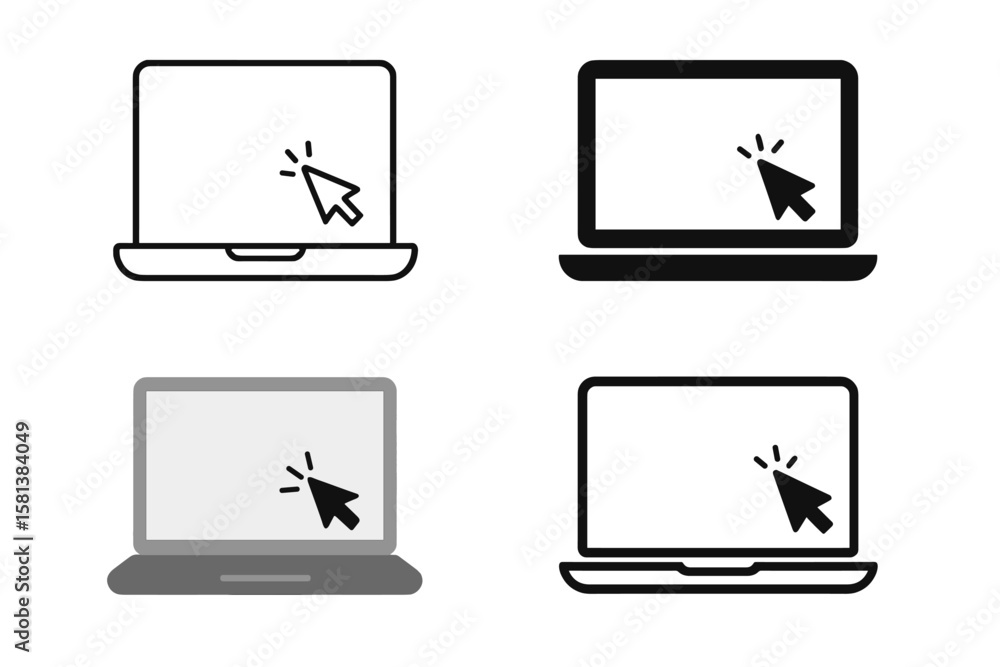 Poster set of 4 laptop vector icons in various styles with pointer or cursor icon, notebook screen, compute