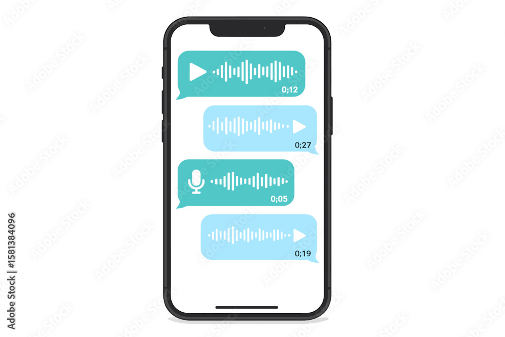 Poster smartphone with voice and audio messages on screen. mobile chat interface. modern messenger communic
