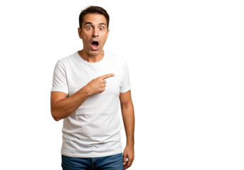 A man pointing backward in shock on transparent background