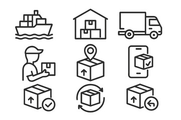 Shipping Service Icons for Web and Mobile App, Logistics, Delivery, Courier, Tracking, Refunds, Returns, and Package Management, Vector Illustration on Transparent Background