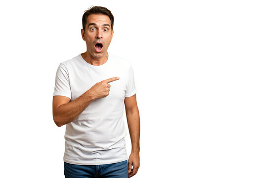 A man pointing backward in shock on transparent background