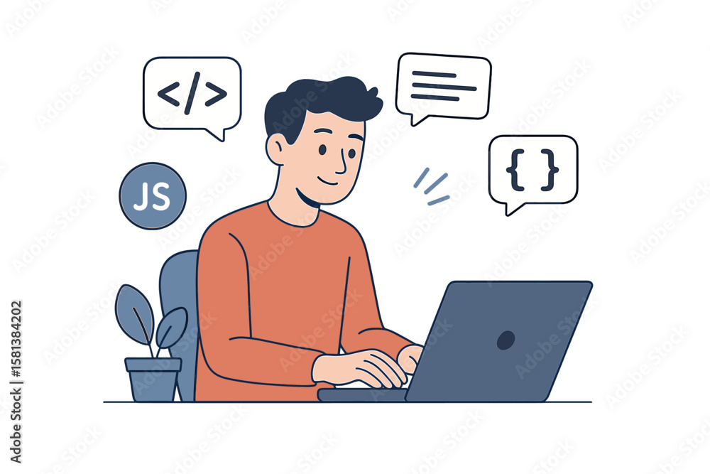 Poster programmer man character working on laptop computer. freelance or study concept. web developer, java