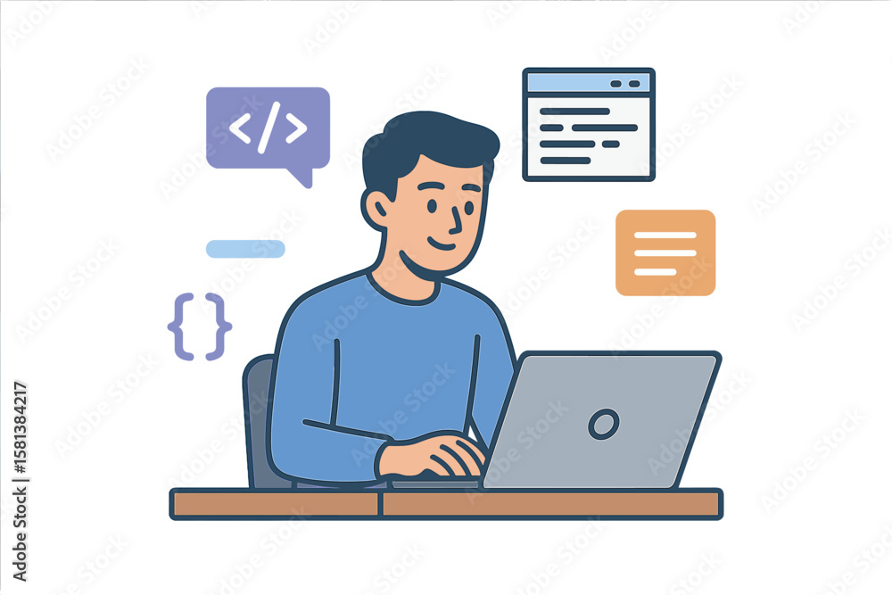 Poster man programmer, web developer working on laptop. freelance job concept illustration. it specialist c