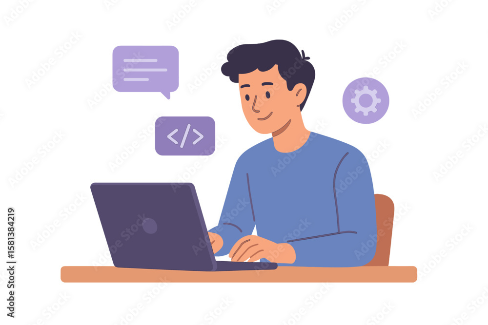 Poster young man programmer freelancer working on laptop computer at home office. coding, software developm