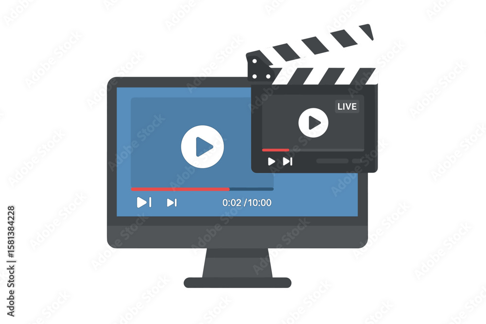 Aufkleber Online video player on a computer screen with a play button and progress bar. Clapperboard with a live streaming overlay. Multimedia playback and streaming video concept.