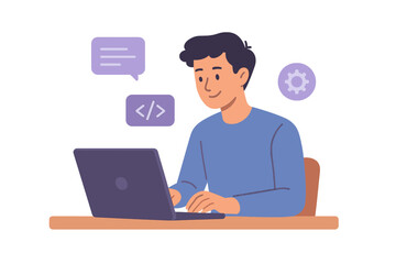 Young man programmer freelancer working on laptop computer at home office. Coding, software development, remote work, e-learning, online education, technology concept illustration