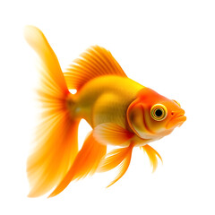 A classic Fantail Goldfish, with a bright orange color and a distinctive split, flowing tail fin, swimming gently, isolated on a white background, 1:1 aspect ratio.
