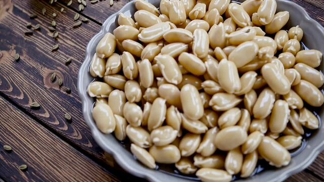 closeup view of traditional Egyptian snack &ldquo;termes&rdquo; also known as white lupin beans seasoned with lemon  salt and cumin served street style after multiple soakings capturing local food culture and
